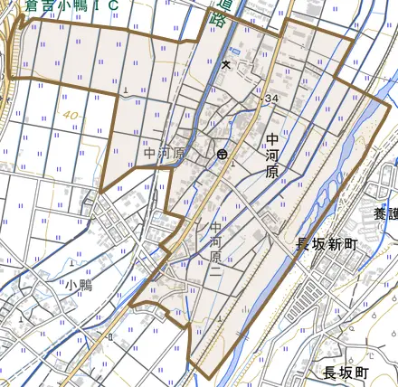 中河原とその周辺の地図。町の範囲を重ねている