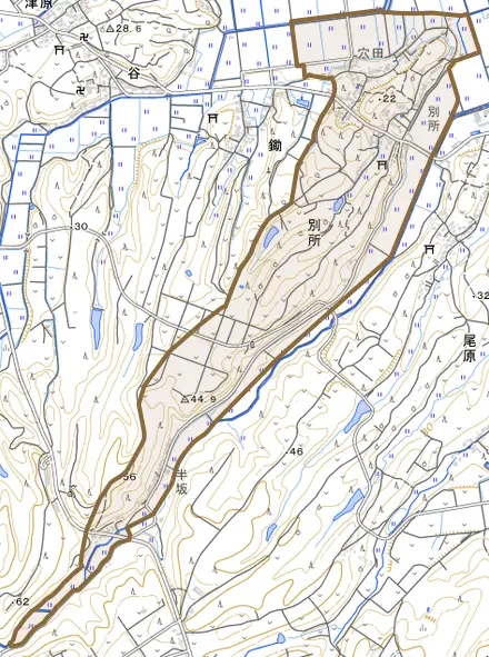 別所とその周辺の地図。町の範囲を重ねている