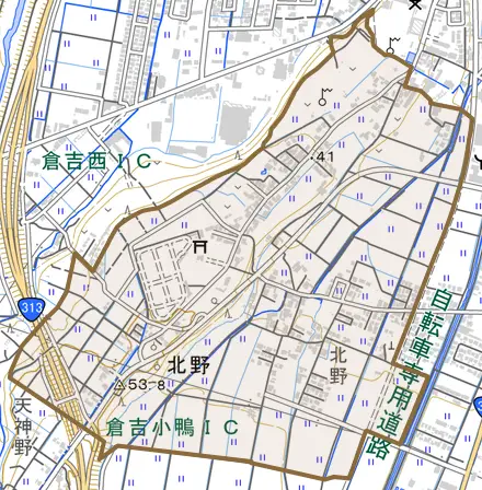 北野とその周辺の地図。町の範囲を重ねている