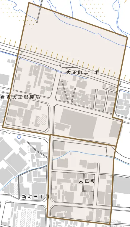 大正町とその周辺の地図。町の範囲を重ねている
