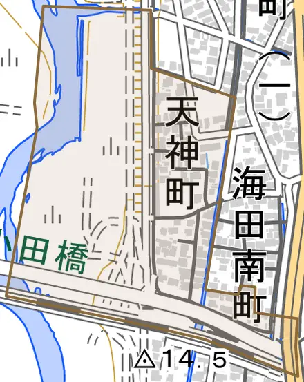 天神町とその周辺の地図。町の範囲を重ねている