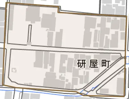 研屋町とその周辺の地図。町の範囲を重ねている
