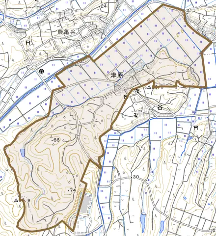 津原とその周辺の地図。町の範囲を重ねている