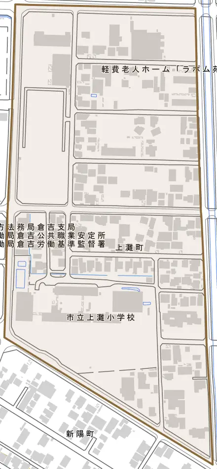 上灘町とその周辺の地図。町の範囲を重ねている