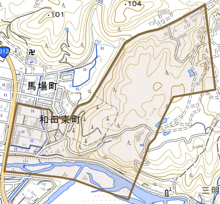 和田東町とその周辺の地図。町の範囲を重ねている