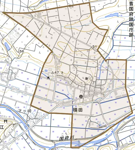 横田とその周辺の地図。町の範囲を重ねている