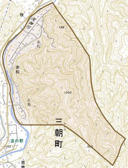 大字赤松とその周辺の地図。町の範囲を重ねている