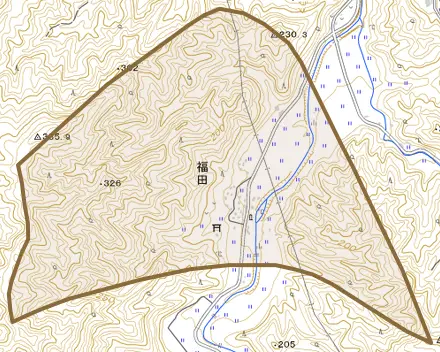 大字福田とその周辺の地図。町の範囲を重ねている