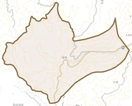大字福本とその周辺の地図。町の範囲を重ねている