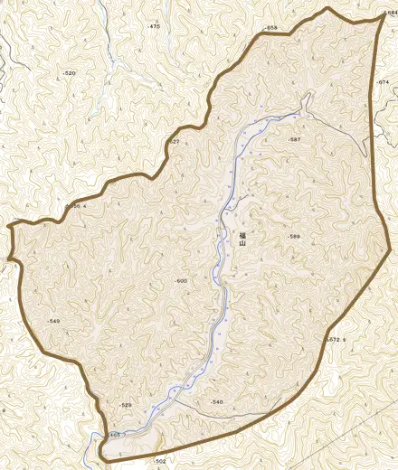 大字福山とその周辺の地図。町の範囲を重ねている