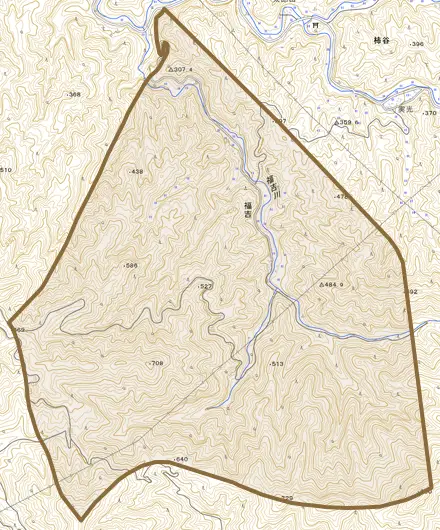 大字福吉とその周辺の地図。町の範囲を重ねている