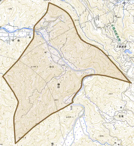 大字鎌田とその周辺の地図。町の範囲を重ねている
