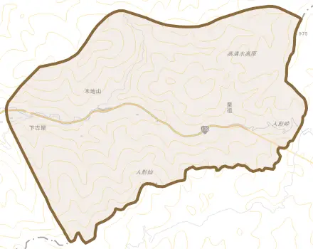 大字木地山とその周辺の地図。町の範囲を重ねている