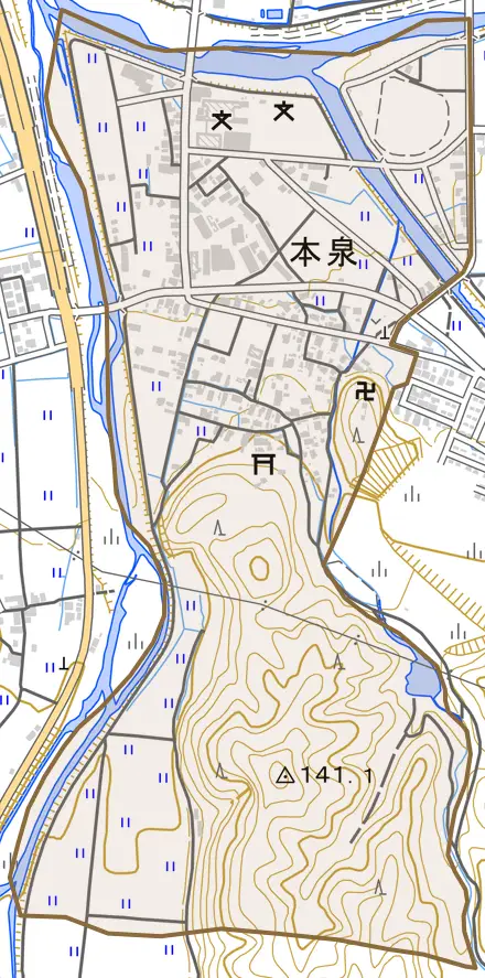 大字本泉とその周辺の地図。町の範囲を重ねている