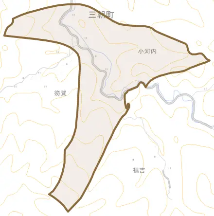 大字小河内とその周辺の地図。町の範囲を重ねている