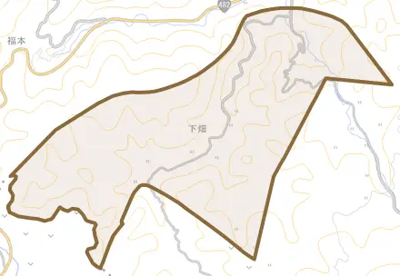 大字下畑とその周辺の地図。町の範囲を重ねている
