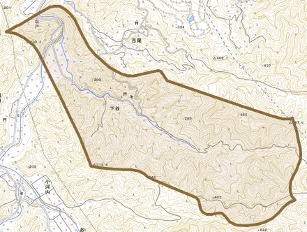大字下谷とその周辺の地図。町の範囲を重ねている