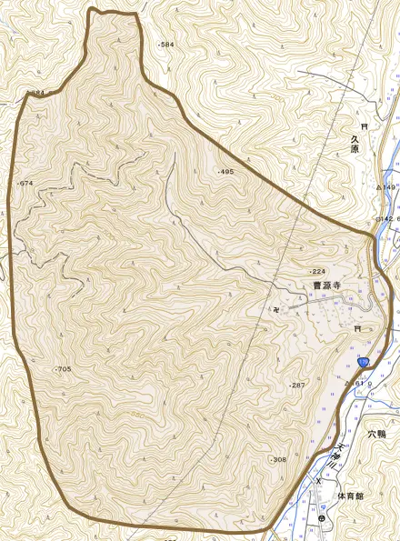 大字曹源寺とその周辺の地図。町の範囲を重ねている