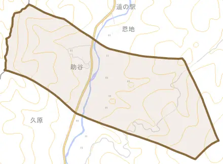 大字助谷とその周辺の地図。町の範囲を重ねている