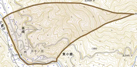 大字高橋とその周辺の地図。町の範囲を重ねている