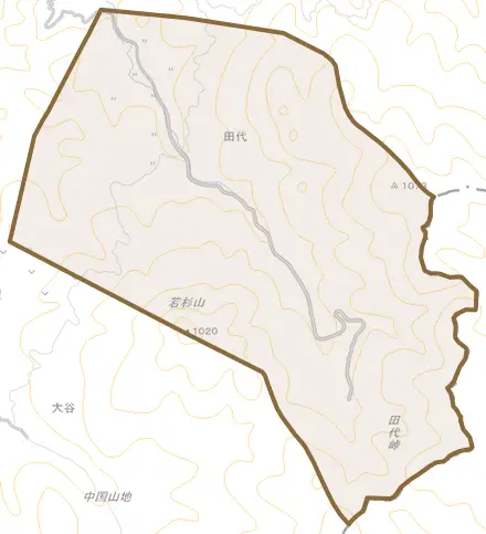 大字田代とその周辺の地図。町の範囲を重ねている