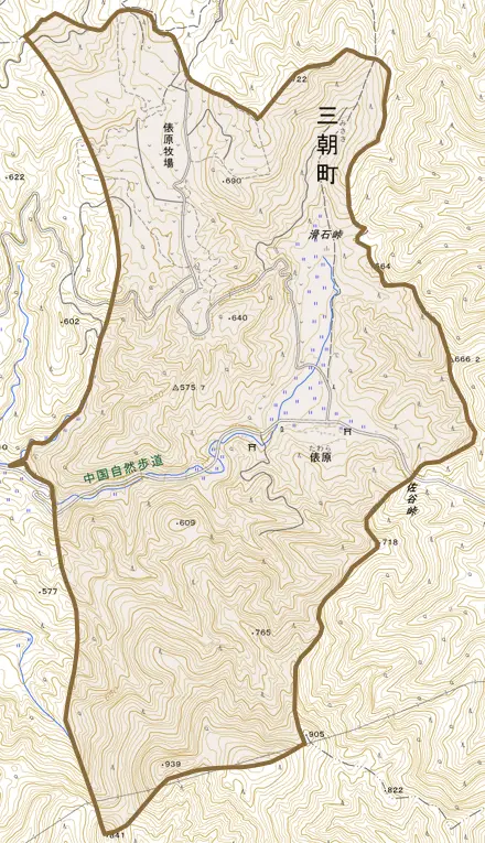 大字俵原とその周辺の地図。町の範囲を重ねている