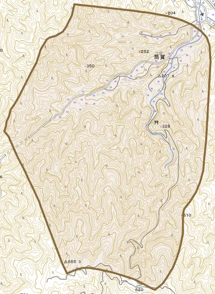 大字笏賀とその周辺の地図。町の範囲を重ねている