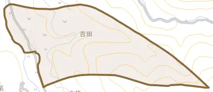 大字吉田とその周辺の地図。町の範囲を重ねている