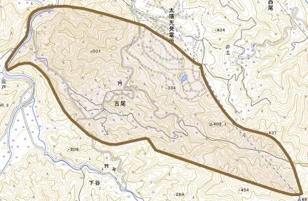 大字吉尾とその周辺の地図。町の範囲を重ねている