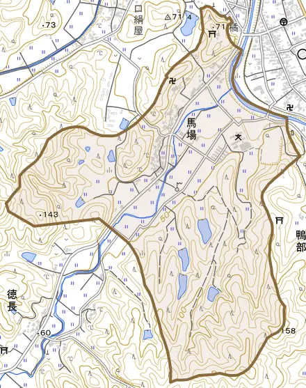 馬場とその周辺の地図。町の範囲を重ねている