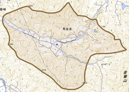 馬佐良とその周辺の地図。町の範囲を重ねている