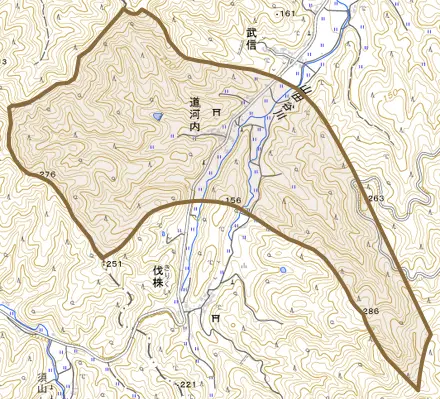道河内とその周辺の地図。町の範囲を重ねている