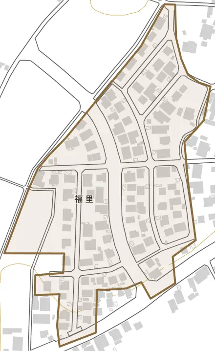 福里とその周辺の地図。町の範囲を重ねている