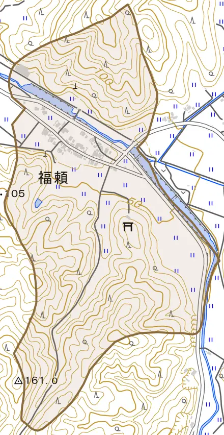 福頼とその周辺の地図。町の範囲を重ねている
