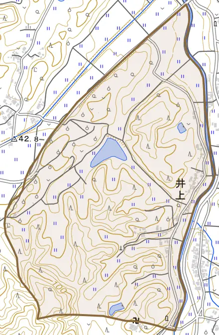 井上とその周辺の地図。町の範囲を重ねている