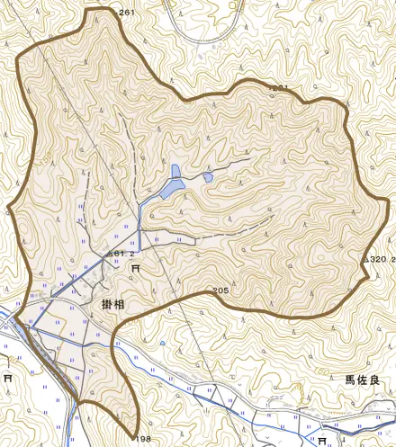 掛相とその周辺の地図。町の範囲を重ねている