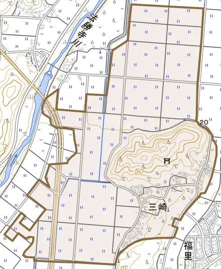 三崎とその周辺の地図。町の範囲を重ねている