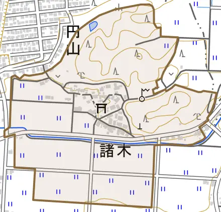 諸木とその周辺の地図。町の範囲を重ねている