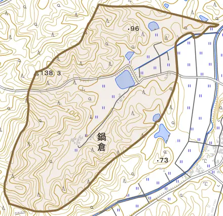 鍋倉とその周辺の地図。町の範囲を重ねている