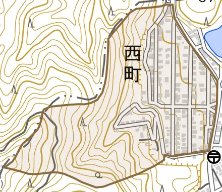 西町とその周辺の地図。町の範囲を重ねている