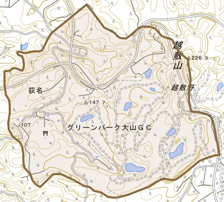 荻名とその周辺の地図。町の範囲を重ねている