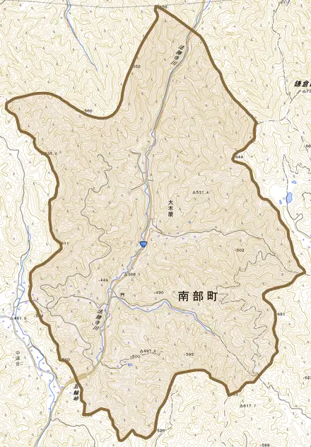 大木屋とその周辺の地図。町の範囲を重ねている