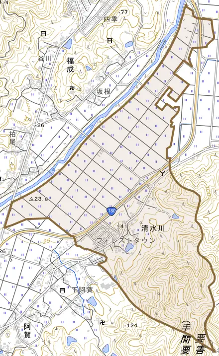 清水川とその周辺の地図。町の範囲を重ねている