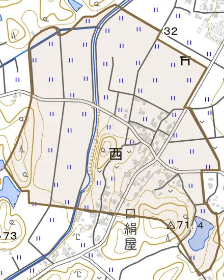 西とその周辺の地図。町の範囲を重ねている