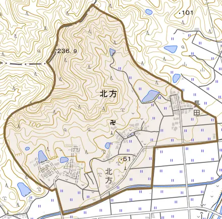 北方とその周辺の地図。町の範囲を重ねている