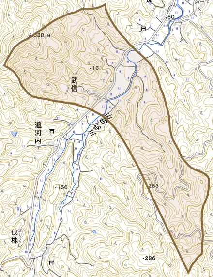 武信とその周辺の地図。町の範囲を重ねている