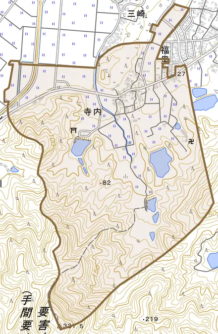 寺内とその周辺の地図。町の範囲を重ねている