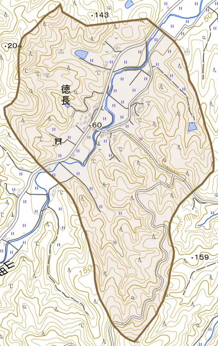 徳長とその周辺の地図。町の範囲を重ねている