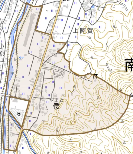 倭とその周辺の地図。町の範囲を重ねている