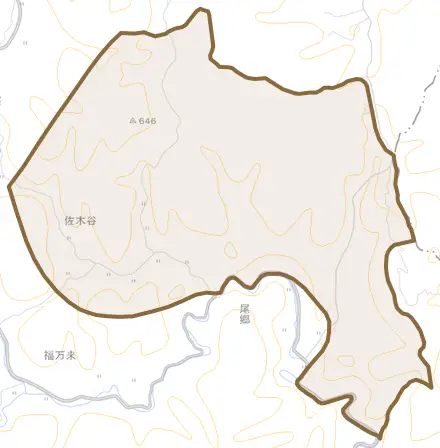 佐木谷とその周辺の地図。町の範囲を重ねている